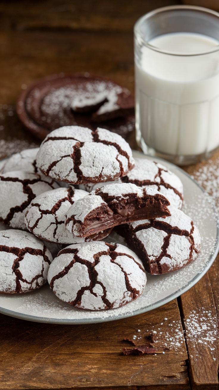 Deliciously Chewy Chocolate Crinkle Cookies A plate of chocolate crinkle cookies dusted with powdered sugar, accompanied by a glass of milk.